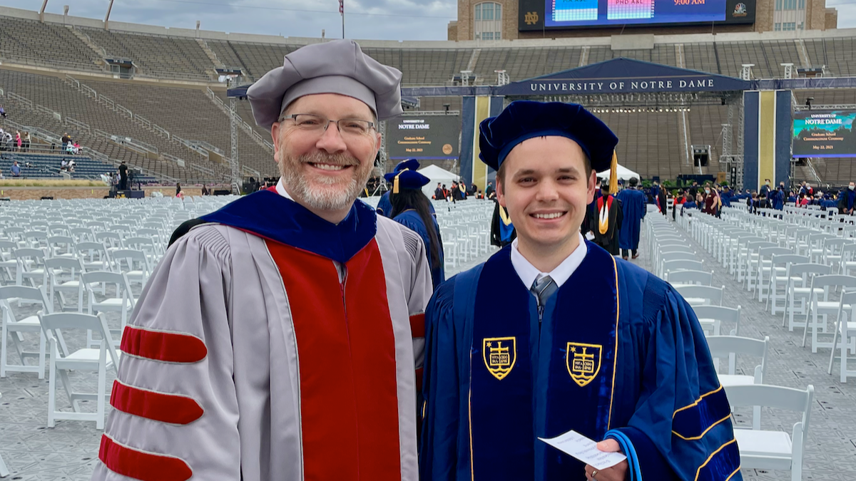The author with former graduate student Dr. Nikolaus Kleber, NDEE PhD 2021, who joined Raytheon in Fort Wayne, IN.