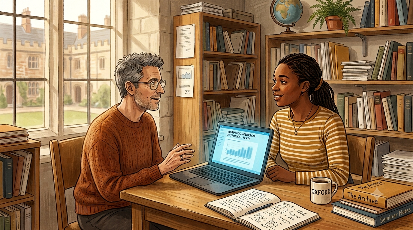 An instructor and student in conversation across a table, with a laptop open between them but both focused on each other rather than the screen.