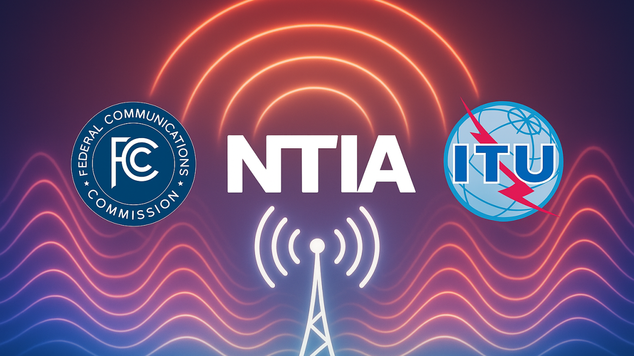 A diagram showing the overlapping roles of the FCC, NTIA, and ITU in managing the radio spectrum nationally and internationally.