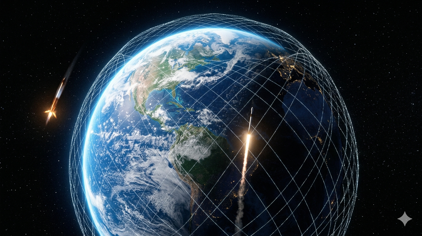 Earth from low orbit with satellite constellation mesh and ascending rocket